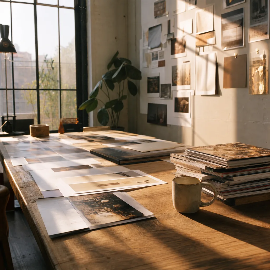 The NEWBOFA studio — a warm, sunlit workspace with a long oak table, printed media plans, pinned proofs and stacked reference magazines.
