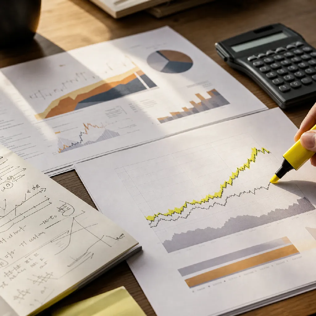 Performance charts and attribution reports printed and spread across a desk with a highlighter and notes in the margins.