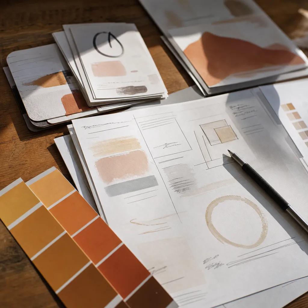 A studio table covered with positioning worksheets, audience maps, colour chips and a marked-up brand brief under warm light.