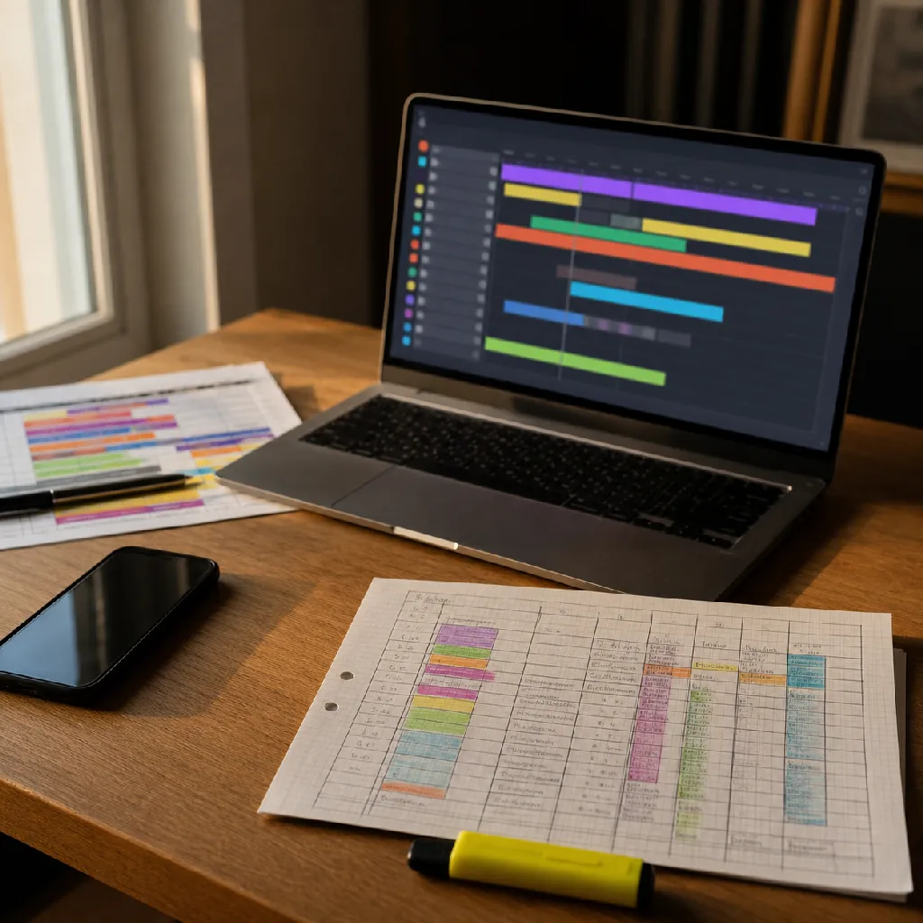 A media planning dashboard on a laptop beside a printed flight schedule and channel allocation grid on a warm oak desk.