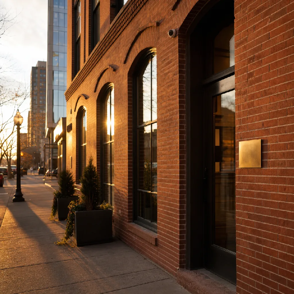 A warm brick building facade on 17th Street in Denver at golden hour, with a discreet studio entrance.