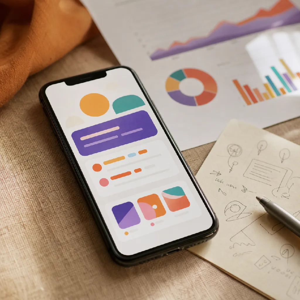 A phone showing a consumer app beside printed campaign performance charts and channel notes on a warm textured surface.